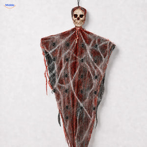 HauntCraft fantôme suspendu d’Halloween: modèle rouge avec crâne et bandes de gaze.