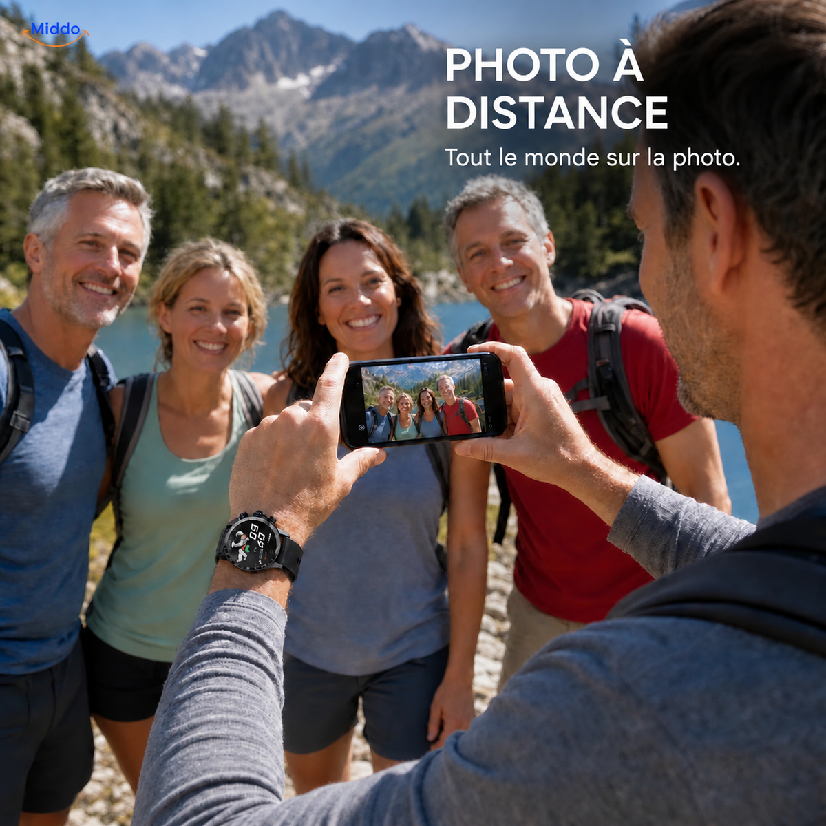 LIGE montre connectée: commande d’un appareil photo de téléphone pour une photo de groupe.