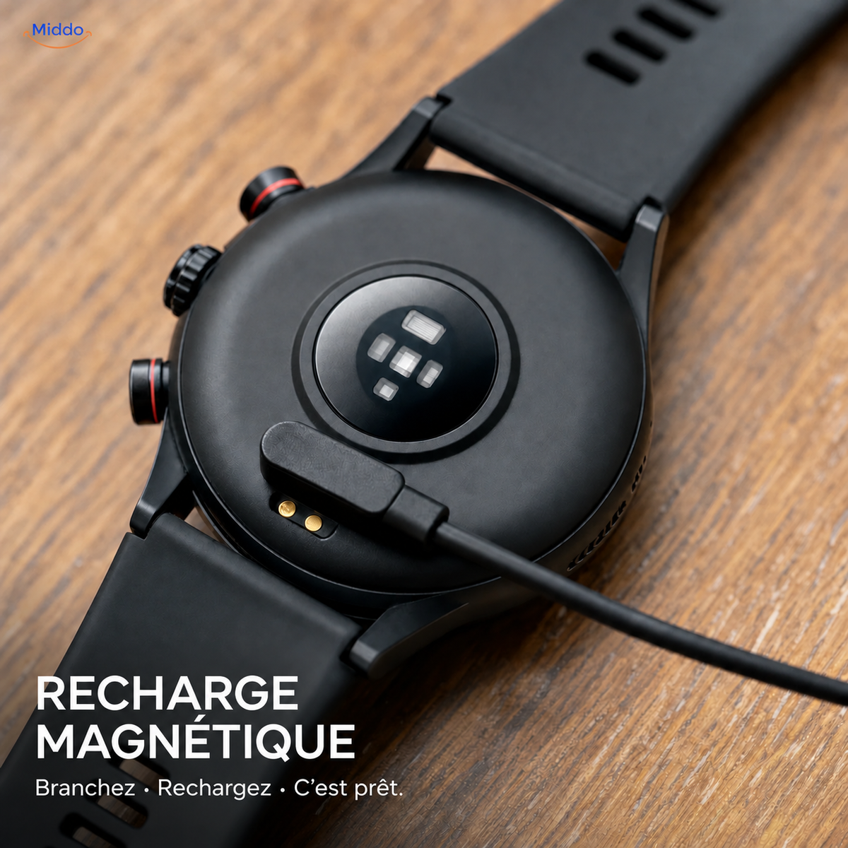 LIGE montre connectée: dos de la montre avec câble de recharge magnétique.