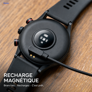 LIGE montre connectée: dos de la montre avec câble de recharge magnétique.
