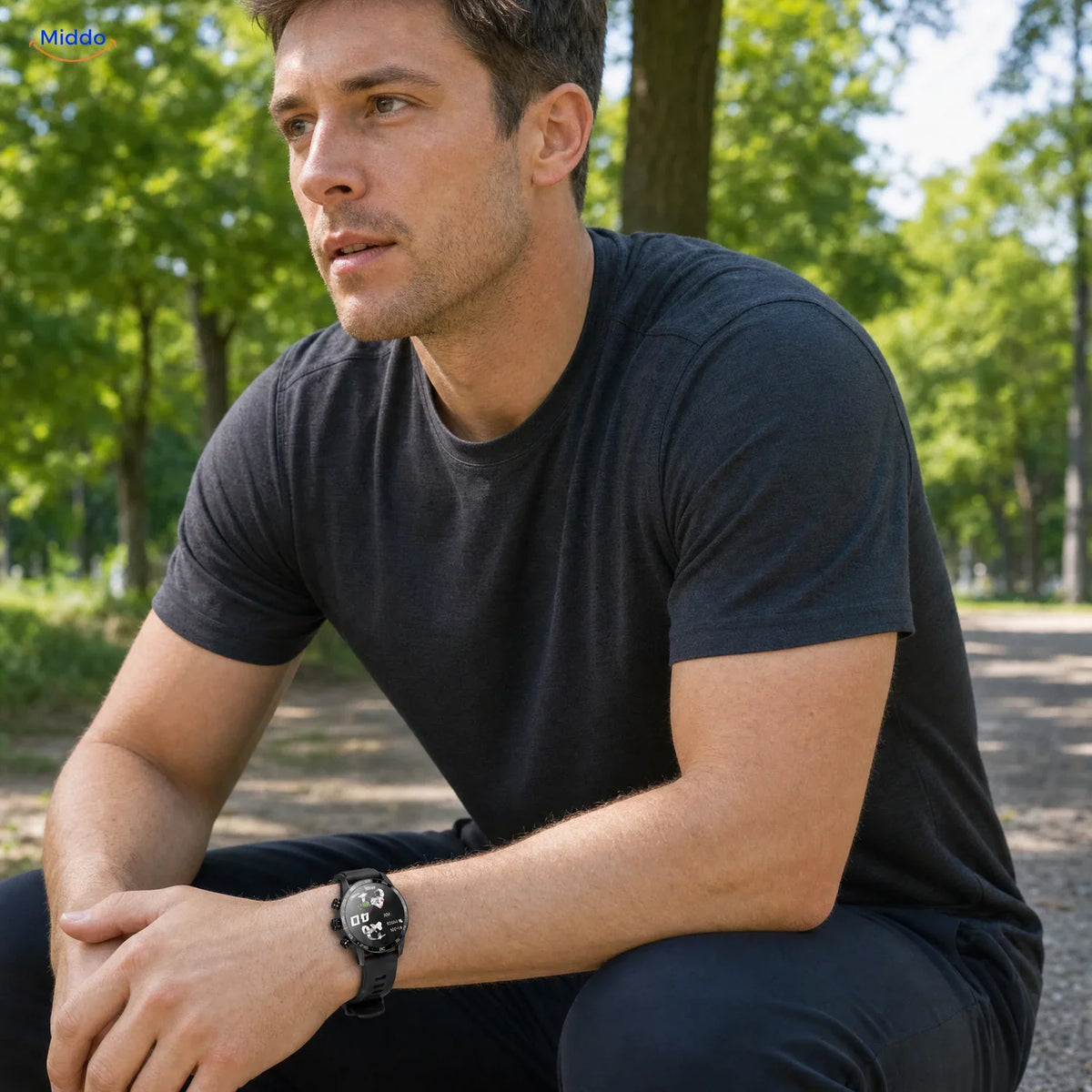 LIGE montre connectée: homme portant la montre pendant une pause en extérieur.