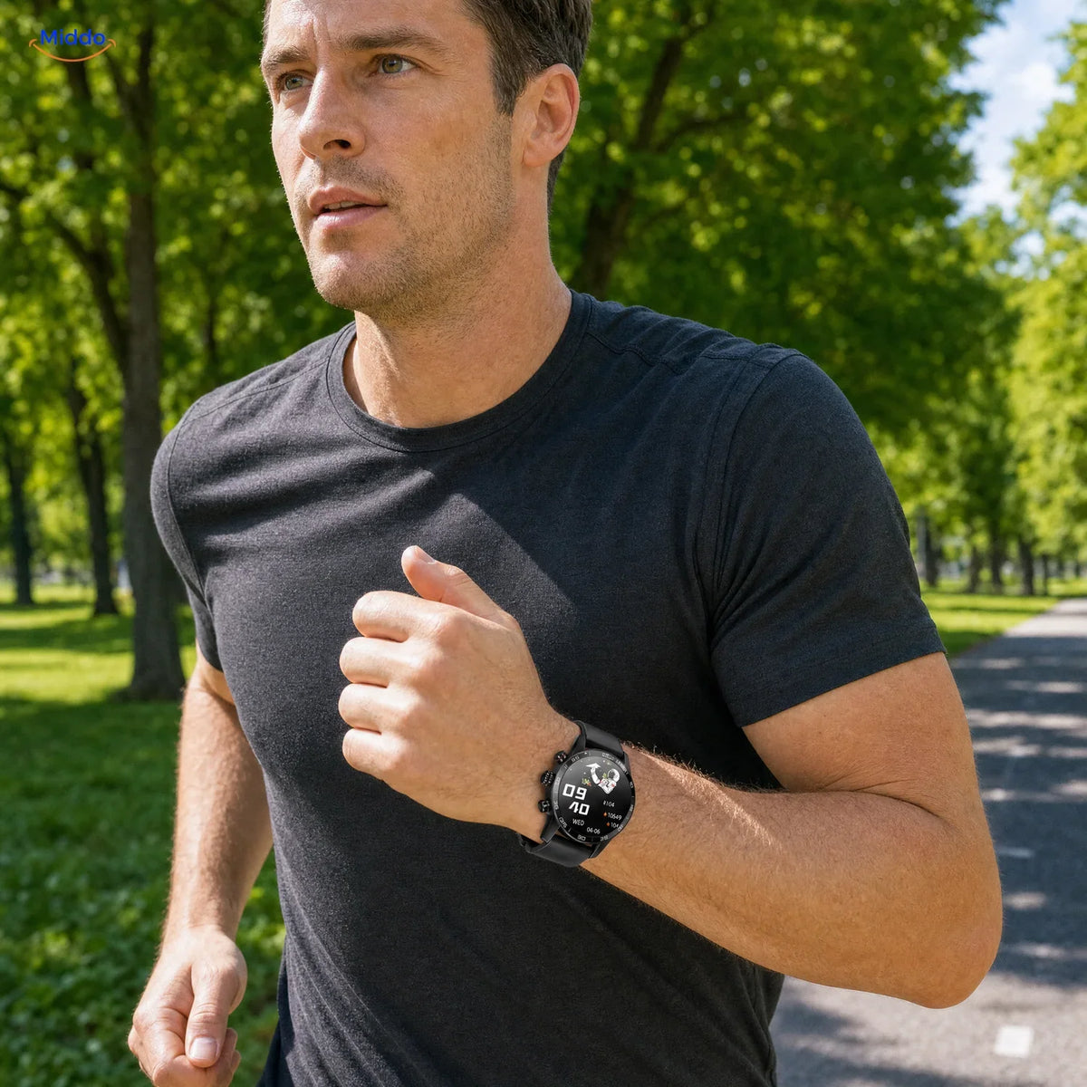 LIGE montre connectée: homme portant une montre noire pendant son jogging.