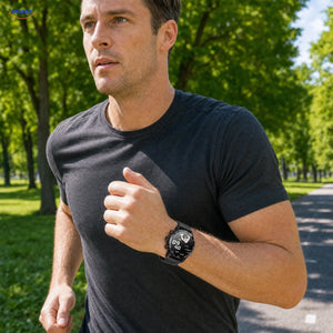 LIGE montre connectée: homme portant une montre noire pendant son jogging.