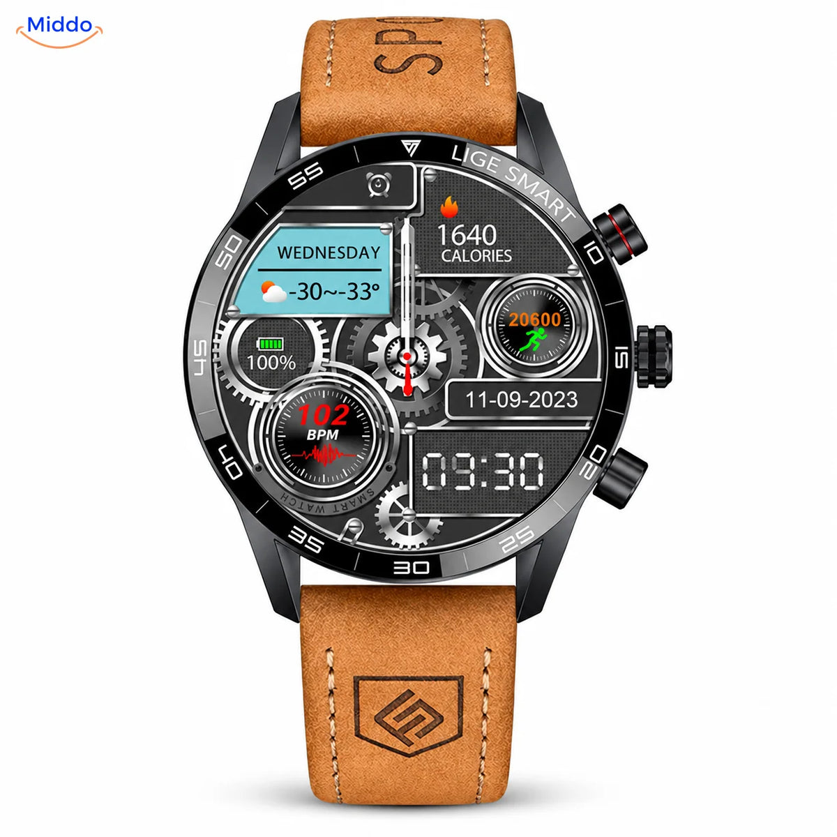 LIGE montre connectée: modèle avec bracelet en cuir marron.