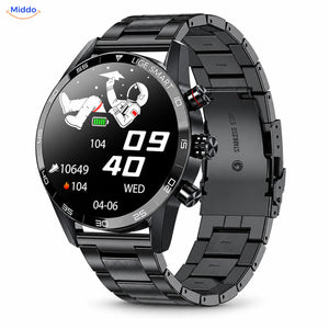 LIGE montre connectée: modèle noir avec bracelet à maillons en acier.