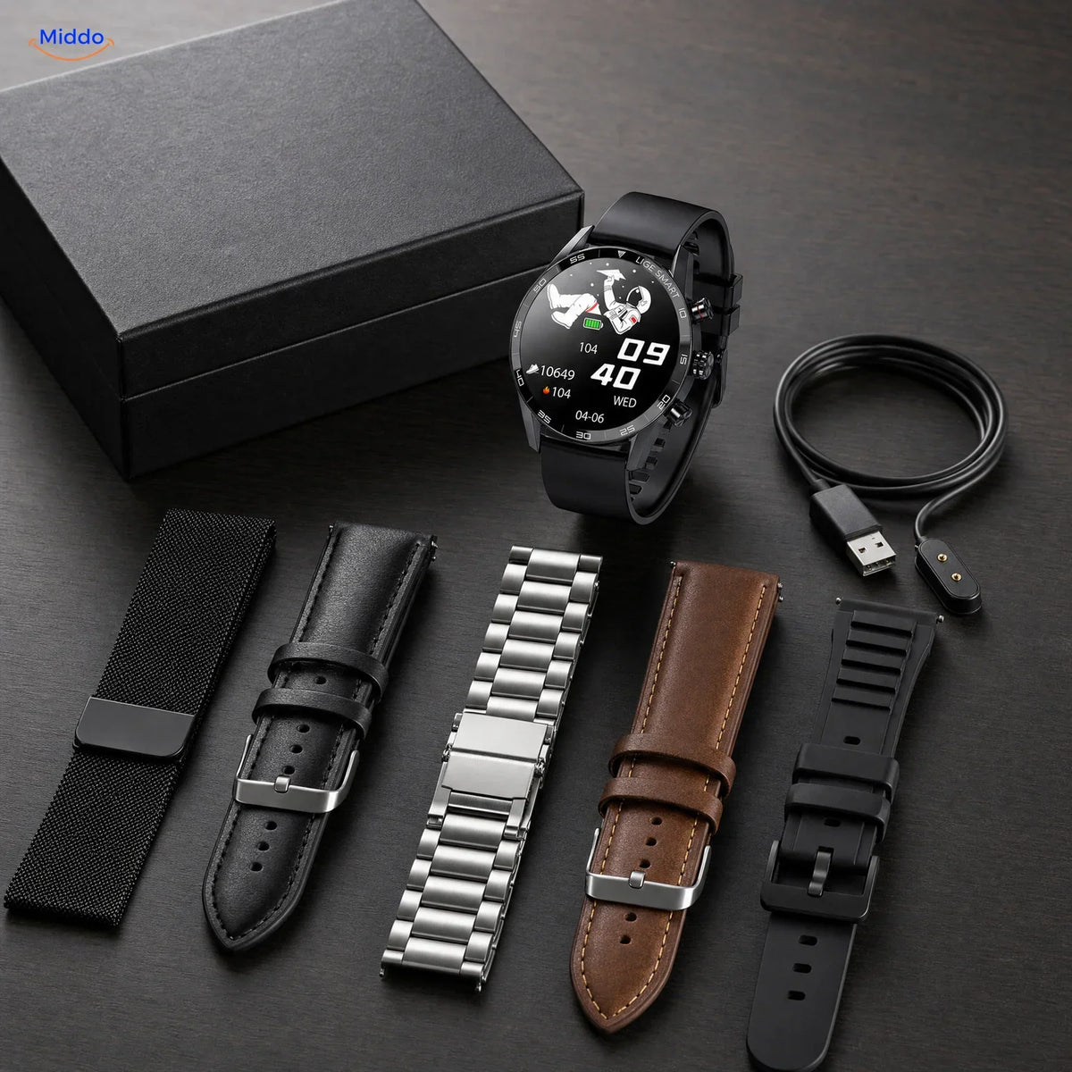 LIGE montre connectée: montre avec cinq styles de bracelets, câble de recharge et boîte.
