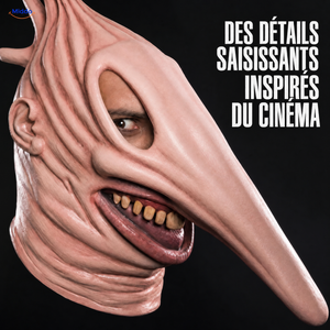 MaitlandMorph masque d’Halloween en latex: gros plan du long nez, des dents et de l’ouverture pour les yeux.