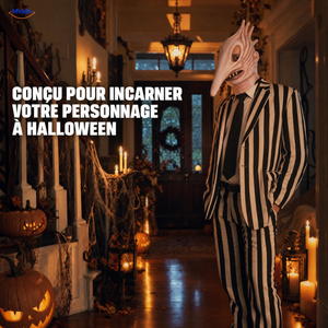 MaitlandMorph masque d’Halloween en latex: homme portant le masque avec un costume rayé d’Halloween.