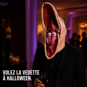 MaitlandMorph masque d’Halloween en latex: homme portant le masque Barbara à bouche ouverte.