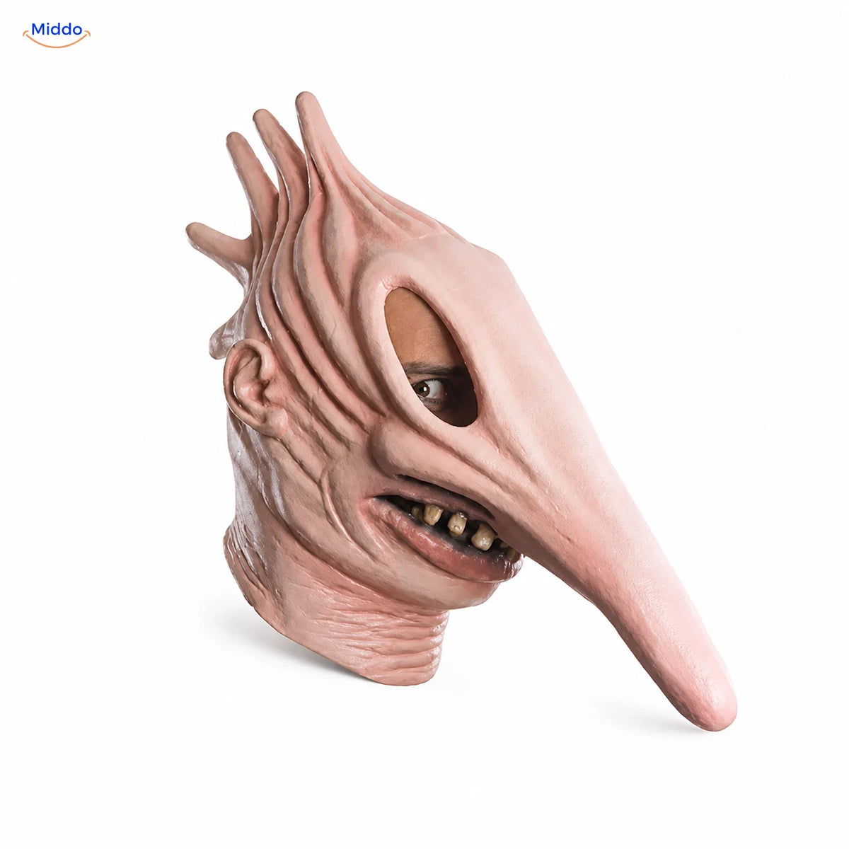 MaitlandMorph masque d’Halloween en latex: masque Adam à long nez sur fond blanc.