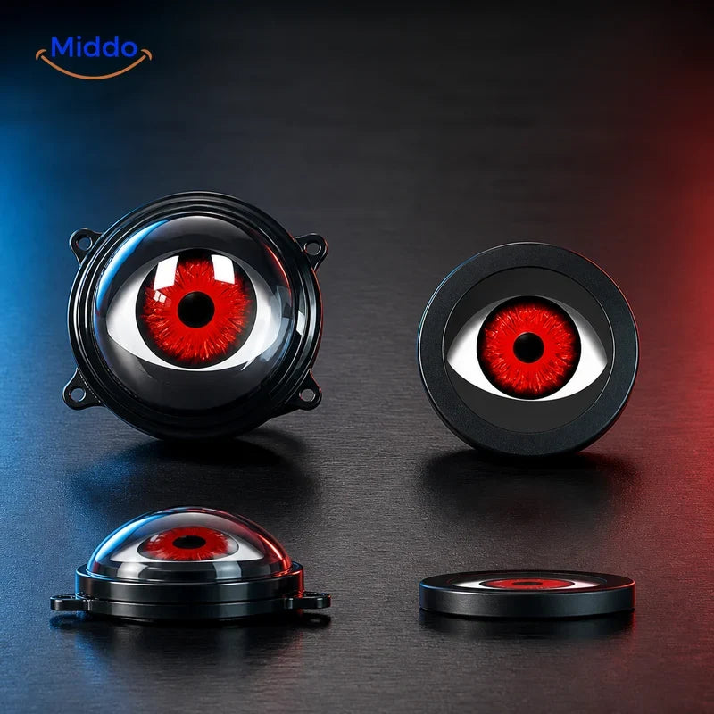 NightStare décoration LED pour optiques de phare: comparaison des modules oculaires rouges bombés et plats.