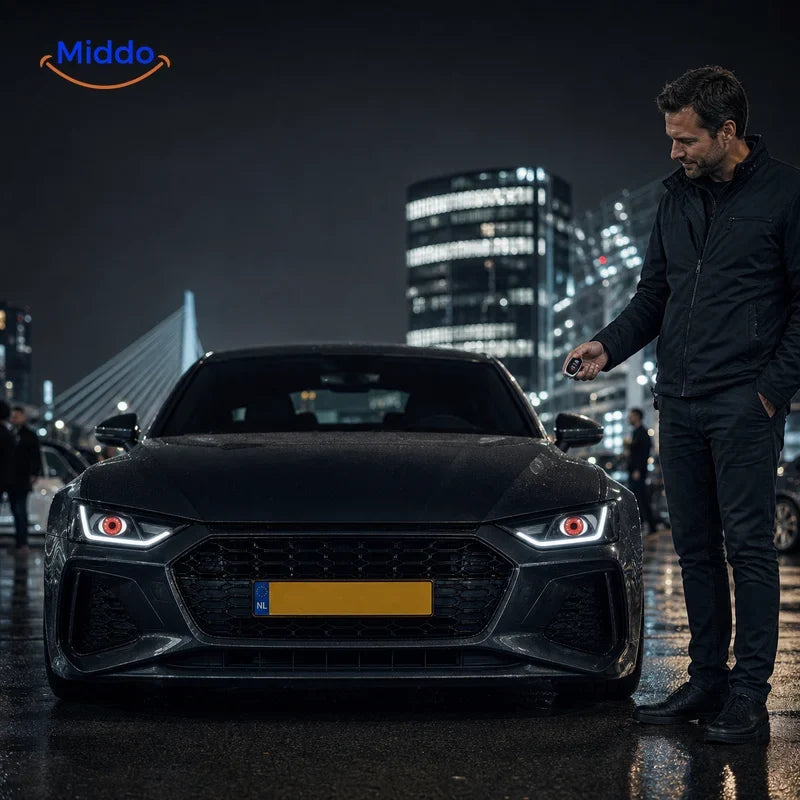 NightStare décoration LED pour optiques de phare: homme avec télécommande près d’une voiture aux yeux lumineux.