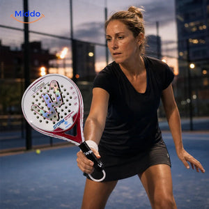 PadelPro raquette de padel: joueuse en position de jeu pendant un échange.
