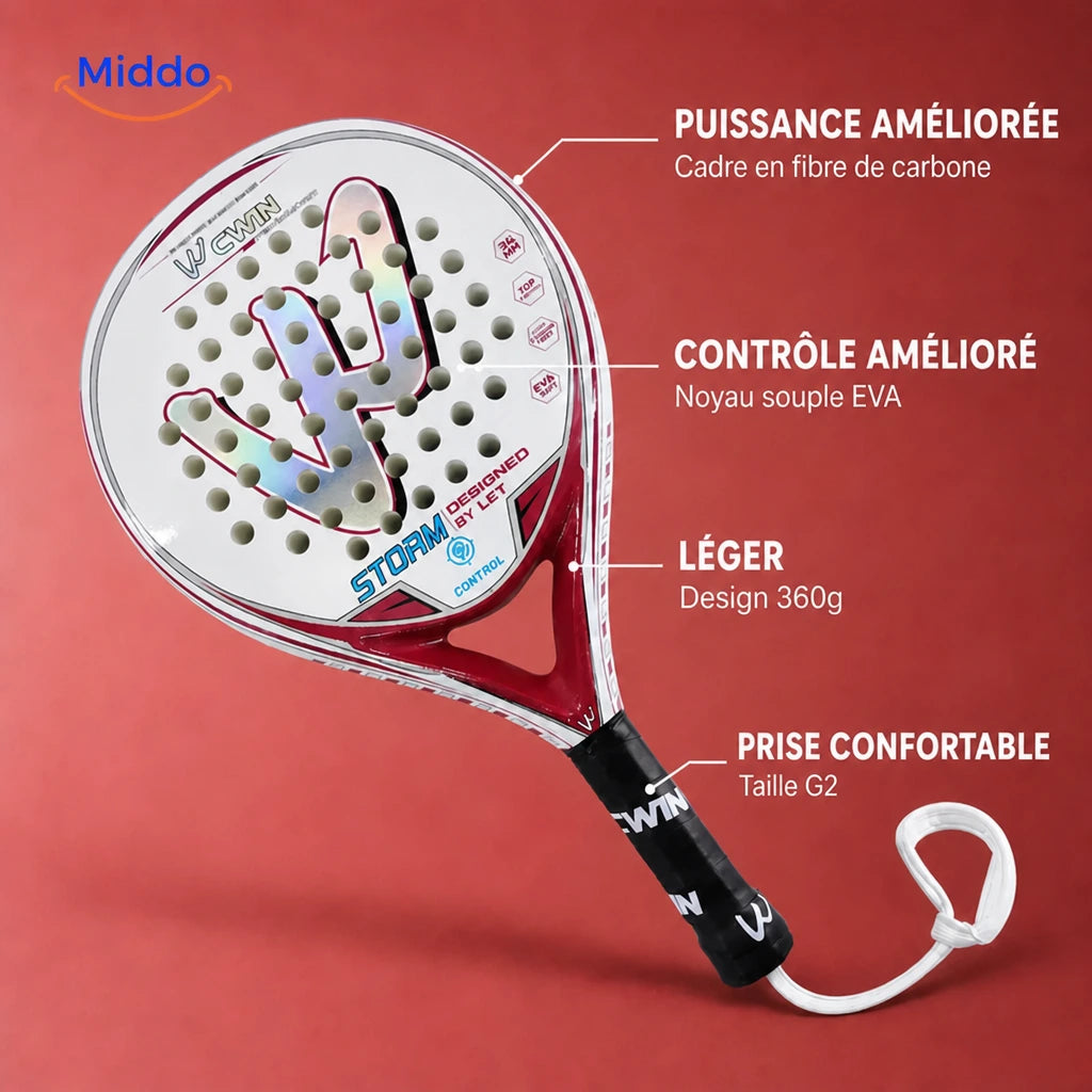 PadelPro raquette de padel: présentation du cadre, de la surface de frappe et du manche.