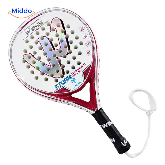 PadelPro raquette de padel: raquette rouge et blanche avec dragonne sur fond blanc.