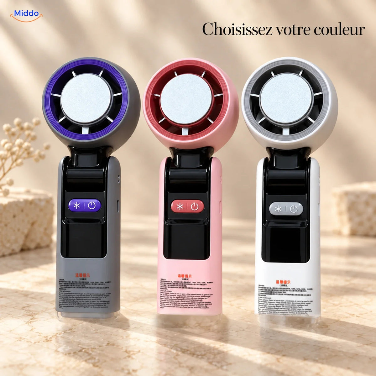 Palmora ventilateur à main pliable: comparaison des modèles gris, rose et blanc.