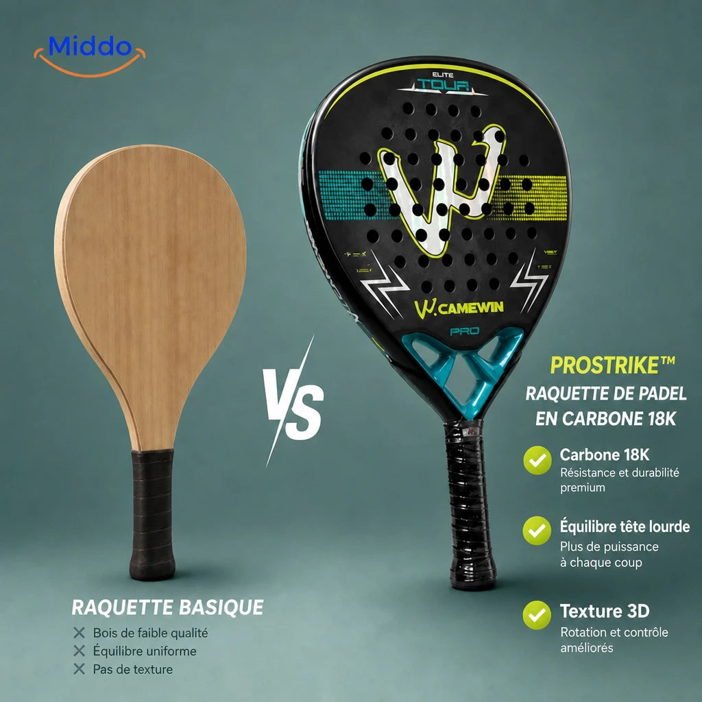ProStrike raquette de padel: comparaison avec une raquette simple en bois.