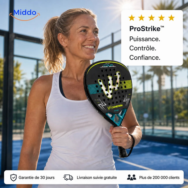 ProStrike raquette de padel: joueuse avec une raquette noire aux accents turquoise.
