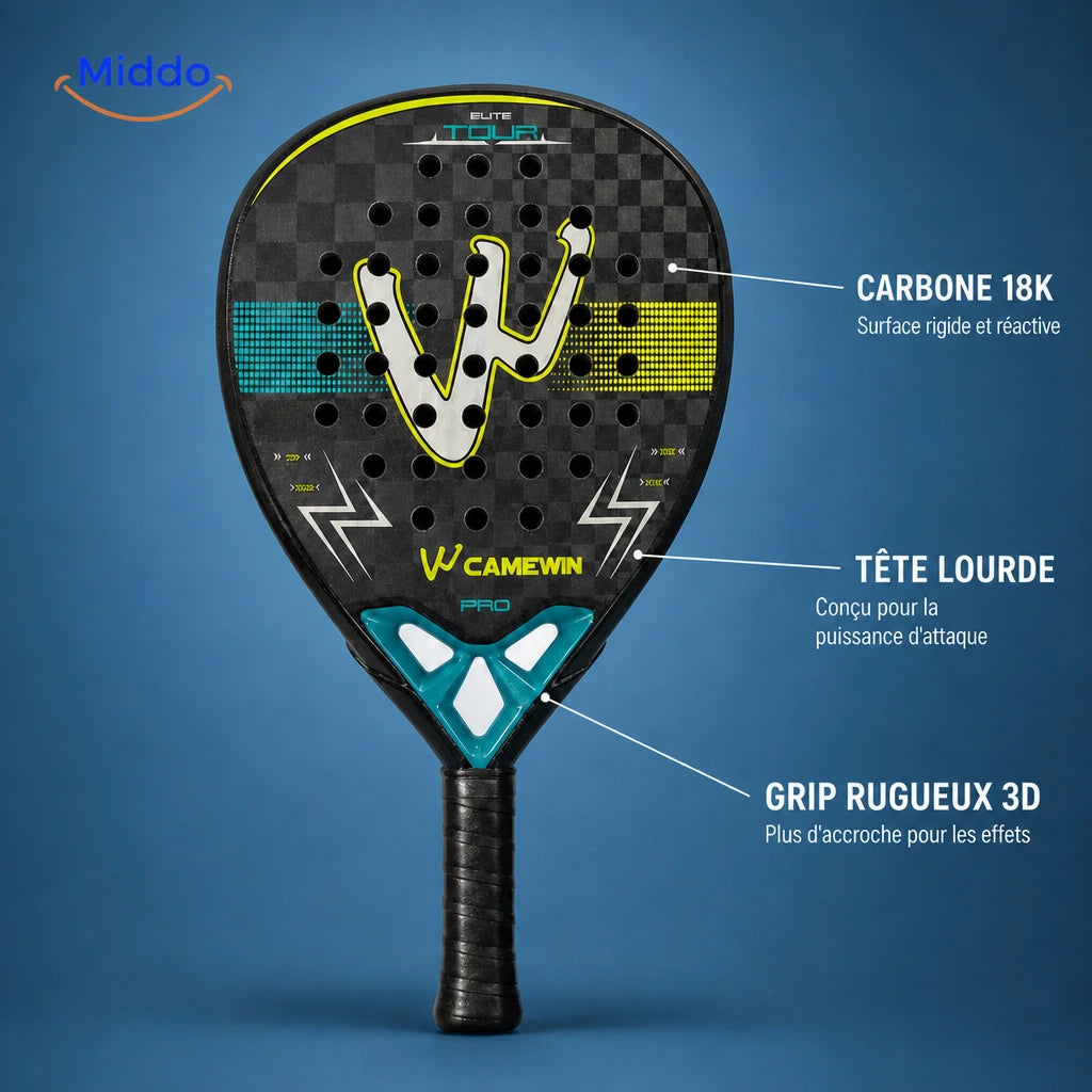 ProStrike raquette de padel: présentation de la surface de frappe en carbone et de sa texture.