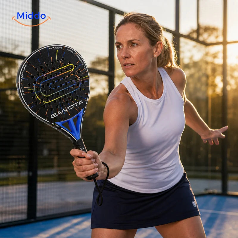 SpinDrive raquette de padel: joueuse en position de jeu avec une raquette noire et bleue.