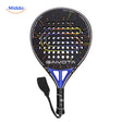 SpinDrive raquette de padel: modèle noir et bleu vu de face avec dragonne.
