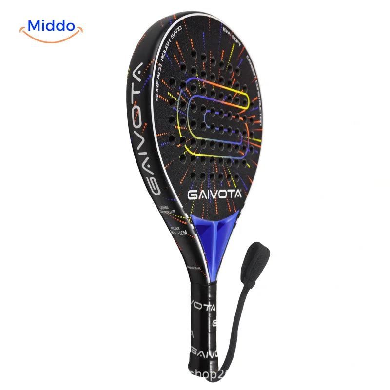 SpinDrive raquette de padel: modèle noir et bleu vu en biais.