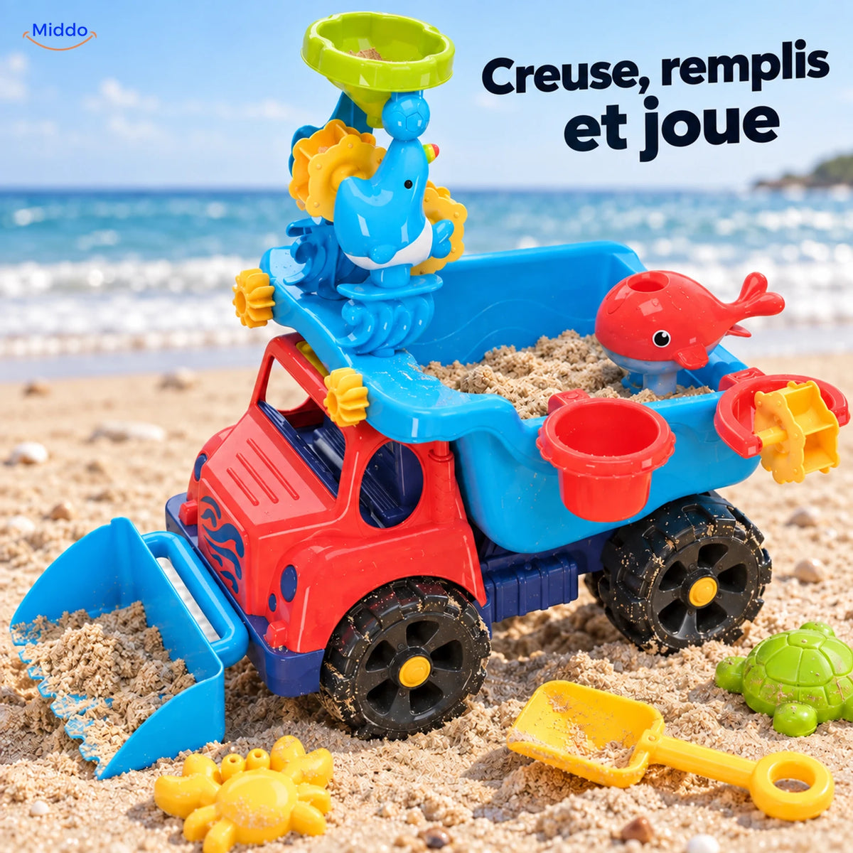 SplashPlay jouet d’eau et de sable: camion-benne rouge avec accessoires de sable sur la plage.