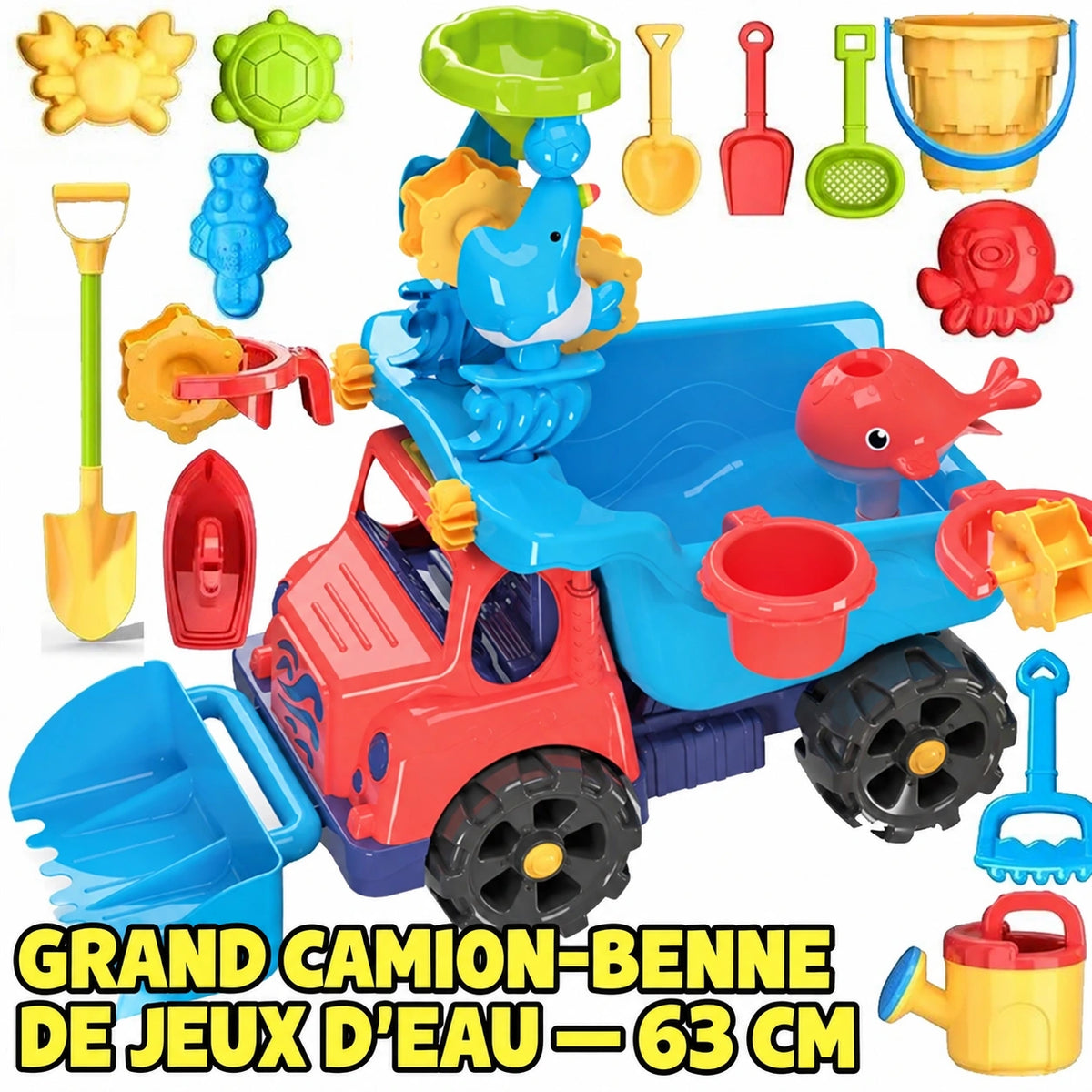 SplashPlay jouet d’eau et de sable: camion-benne rouge avec benne bleue et outils de sable.