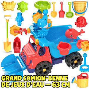 SplashPlay jouet d’eau et de sable: camion-benne rouge avec benne bleue et outils de sable.
