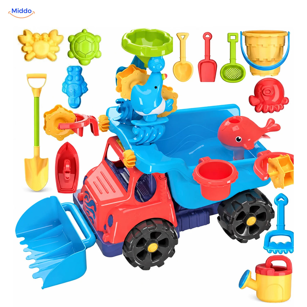 SplashPlay jouet d’eau et de sable: camion-benne rouge avec pelles, seau et moules à sable.