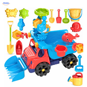SplashPlay jouet d’eau et de sable: camion-benne rouge avec pelles, seau et moules à sable.