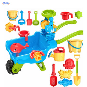 SplashPlay jouet d’eau et de sable: chariot bleu avec pelles, seau et moules à sable.