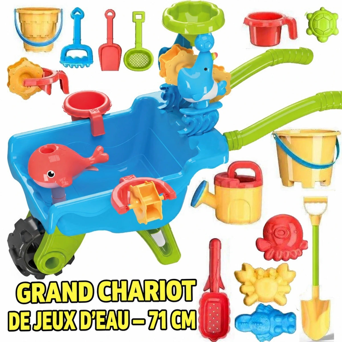 SplashPlay jouet d’eau et de sable: chariot de jeu bleu avec roues vertes et accessoires.