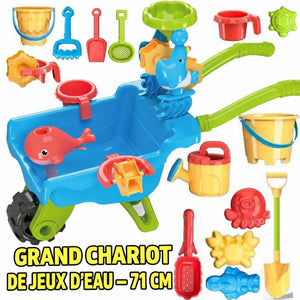SplashPlay jouet d’eau et de sable: chariot de jeu bleu avec roues vertes et accessoires.