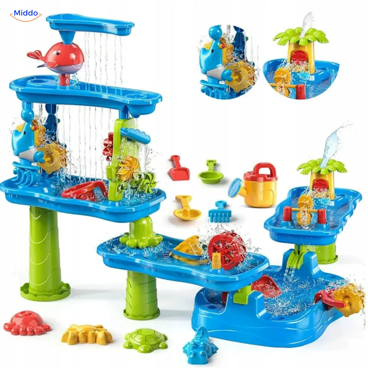 SplashPlay jouet d’eau et de sable: combinaison d’une table d’eau et de bacs de jeu séparés.