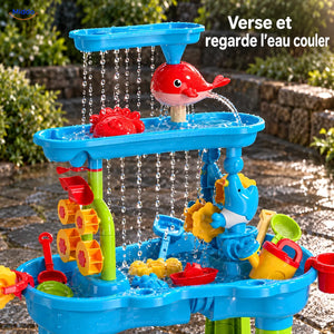 SplashPlay jouet d’eau et de sable: détail des écoulements d’eau et des éléments de jeu.