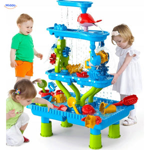 SplashPlay jouet d’eau et de sable: enfants jouant ensemble autour d’une table d’eau.