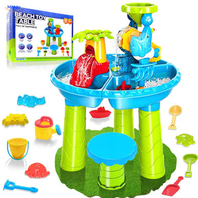 SplashPlay jouet d’eau et de sable: ensemble rond avec tabouret, accessoires et boîte.