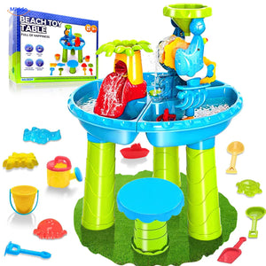 SplashPlay jouet d’eau et de sable: ensemble rond avec tabouret, accessoires et boîte.