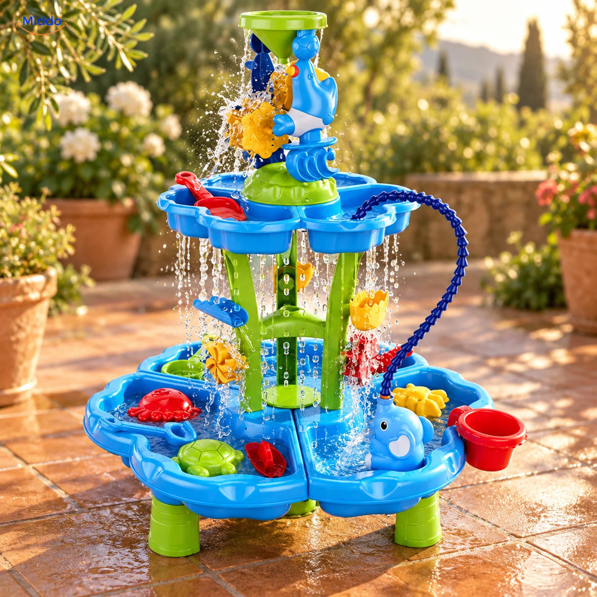 SplashPlay jouet d’eau et de sable: table d’eau à deux niveaux ronds dans le jardin.