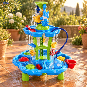 SplashPlay jouet d’eau et de sable: table d’eau à deux niveaux ronds dans le jardin.