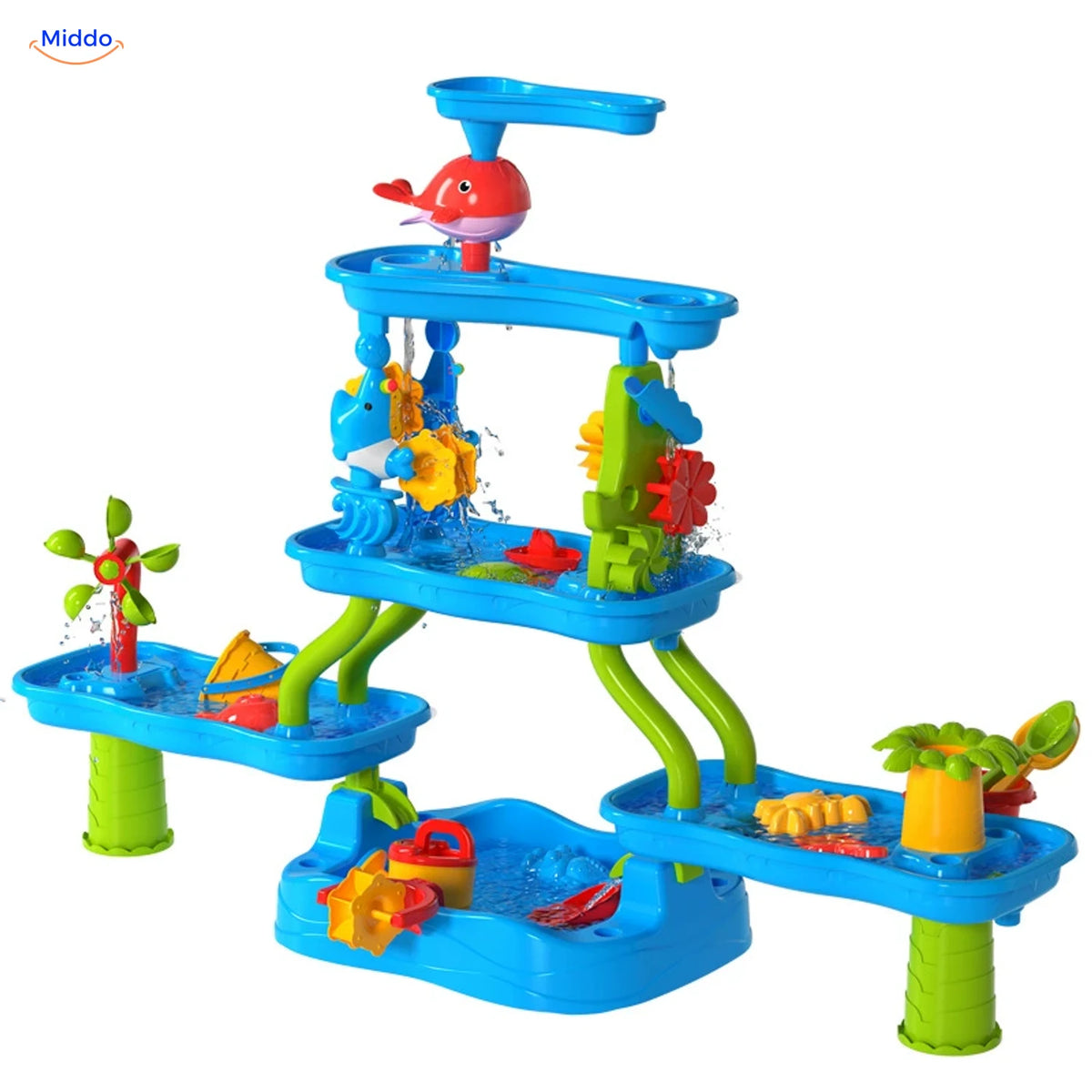 SplashPlay jouet d’eau et de sable: table d’eau avec bacs latéraux et tubes de liaison verts.