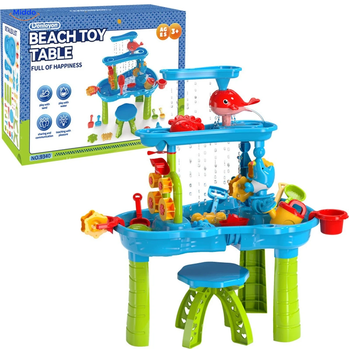 SplashPlay jouet d’eau et de sable: table d’eau rectangulaire avec tabouret et boîte.