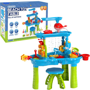 SplashPlay jouet d’eau et de sable: table d’eau rectangulaire avec tabouret et boîte.