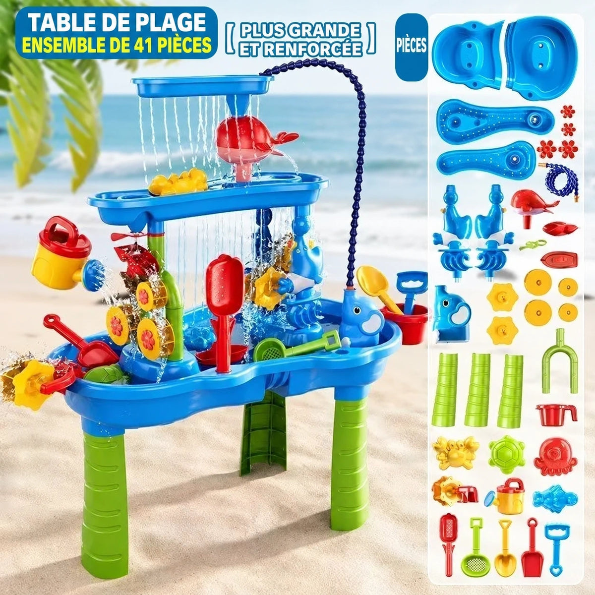 SplashPlay jouet d’eau et de sable: table de jeu rectangulaire avec présentation des accessoires.