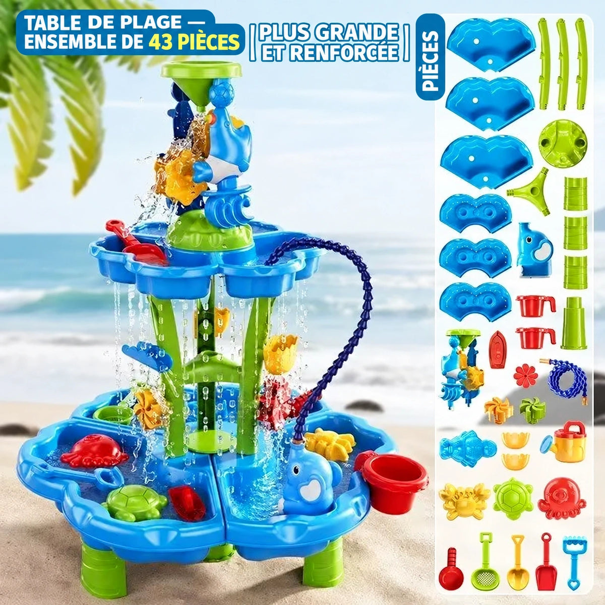 SplashPlay jouet d’eau et de sable: table de jeu ronde avec tuyau et présentation des accessoires.