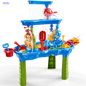 SplashPlay jouet d’eau et de sable: table rectangulaire bleue avec rideau de jets d’eau.