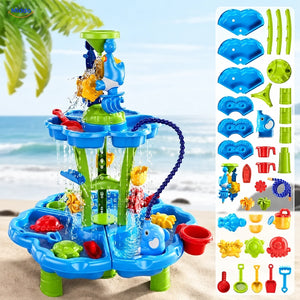 SplashPlay jouet d’eau et de sable: table ronde avec tuyau d’eau et pièces séparées.