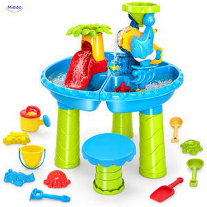 SplashPlay jouet d’eau et de sable: table ronde bleue avec volcan, accessoires et tabouret.