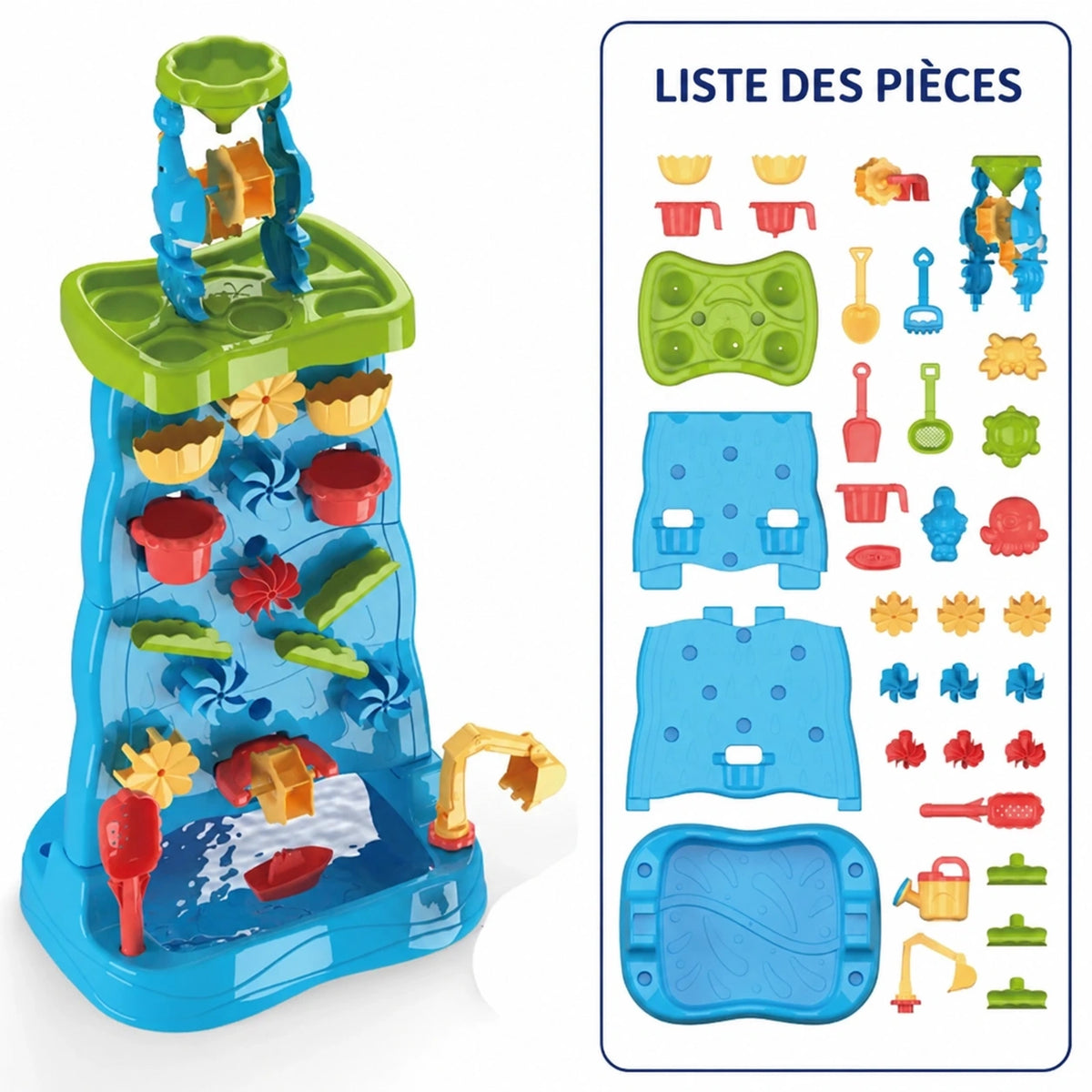 SplashPlay jouet d’eau et de sable: tour d’eau bleue et verte avec présentation des pièces.